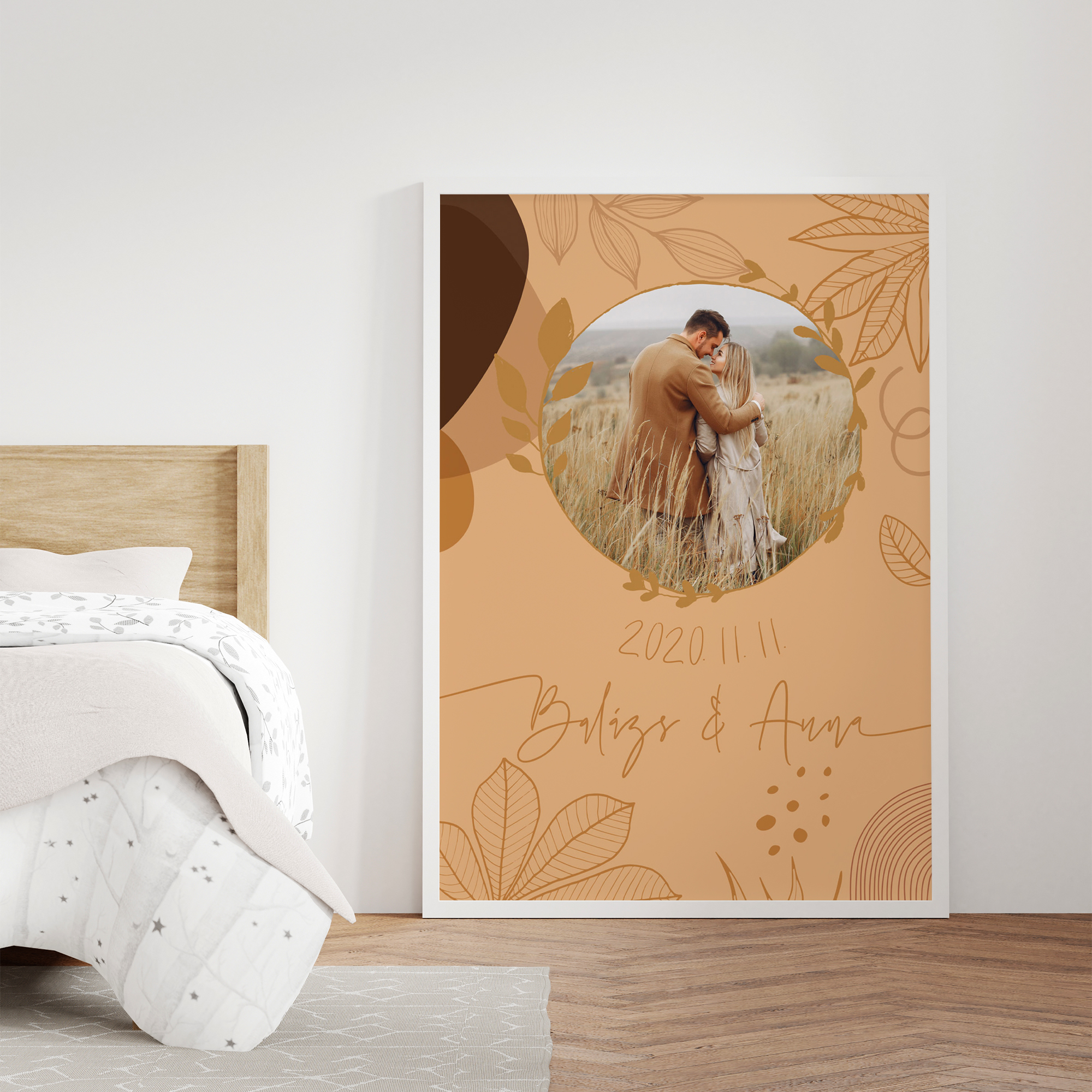 Blank photo frame for mockup in white bedroom, 3D rendering