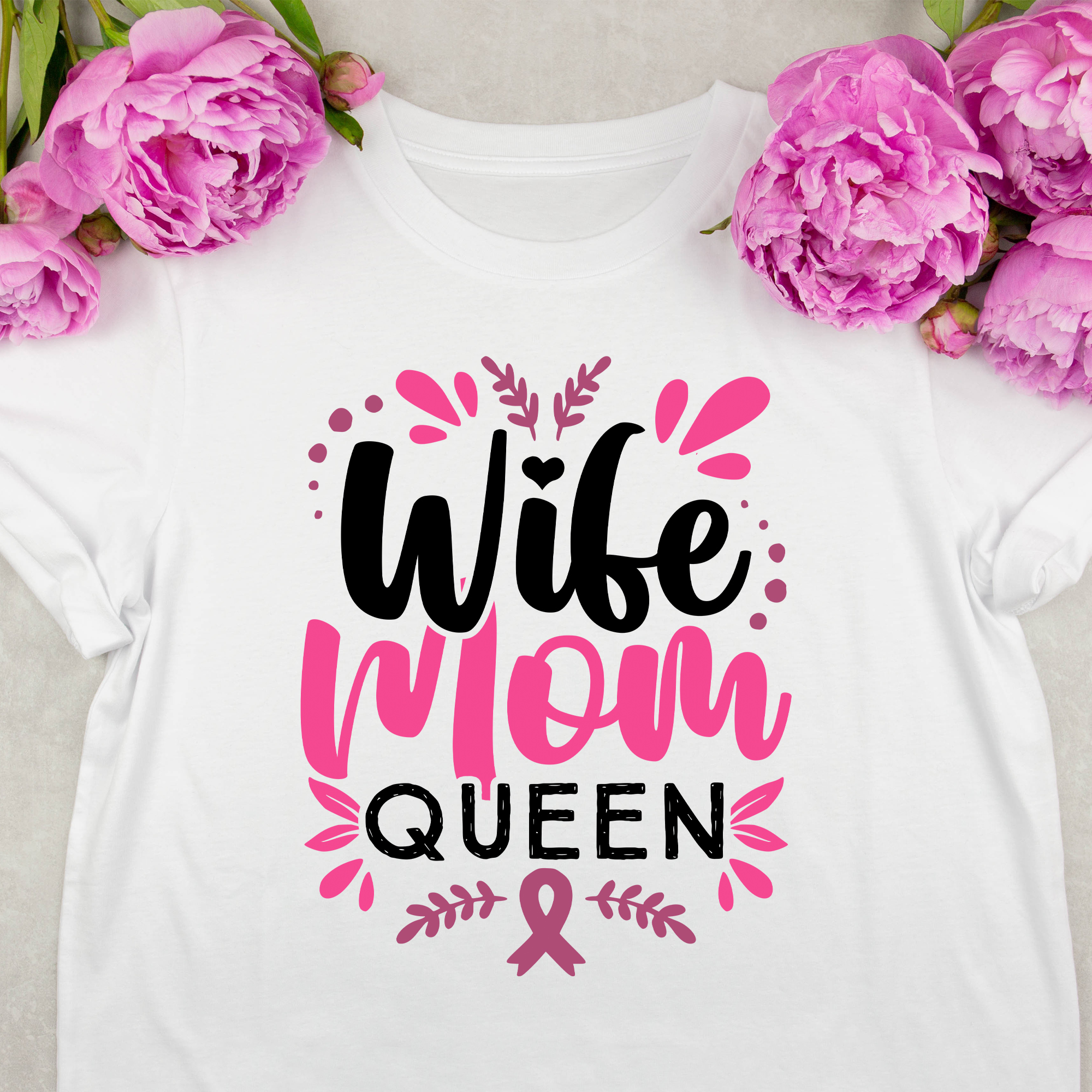 White womens cotton t-shirt mockup with pink peony flowers on gray concrete background. Design t shirt template, print presentation mock up. Top view flat lay.
