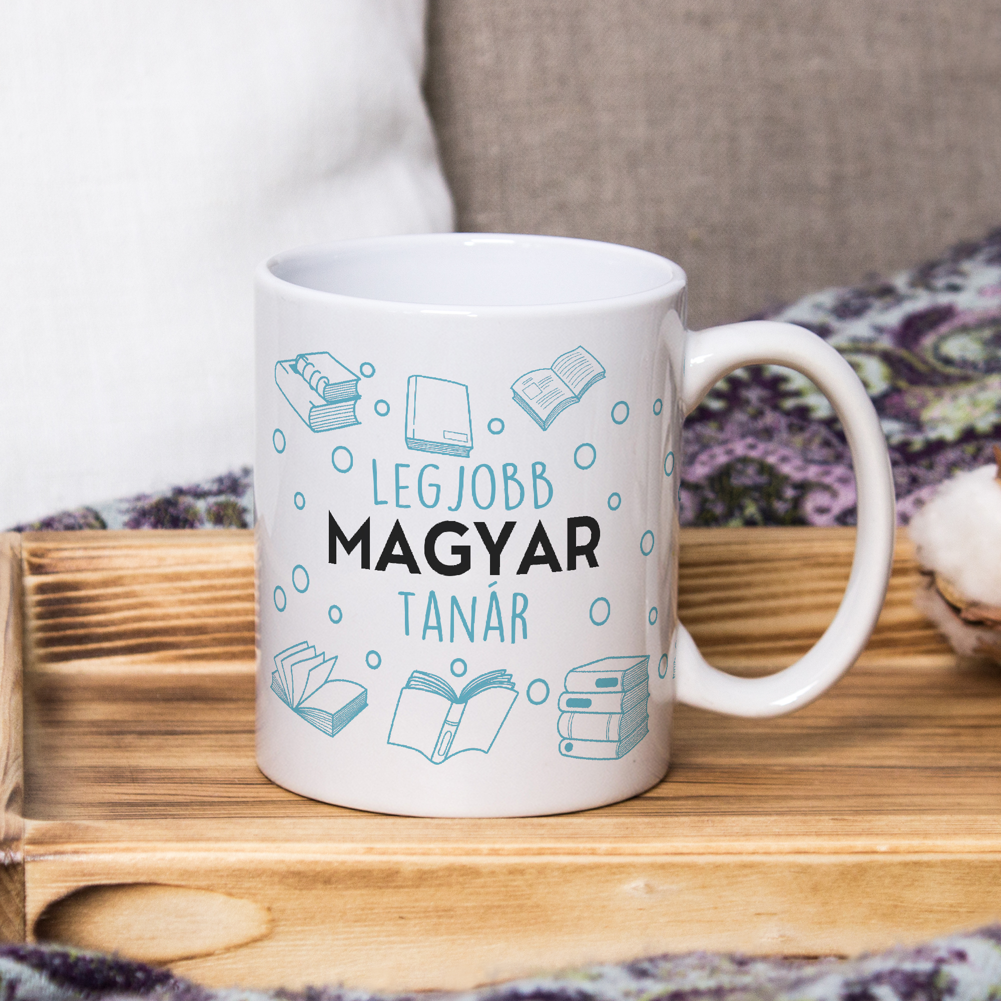 White mug on a wooden tray, the Mockup. Cozy home, linen and wool decorations