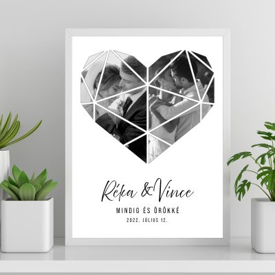 Fekete fehér szív - 2 képpel, nevekkel, dátummal