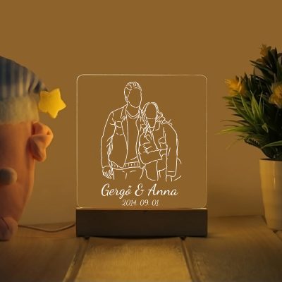 Vonalrajzos LED lámpa, saját fénykép alapján, nevekkel és dátummal