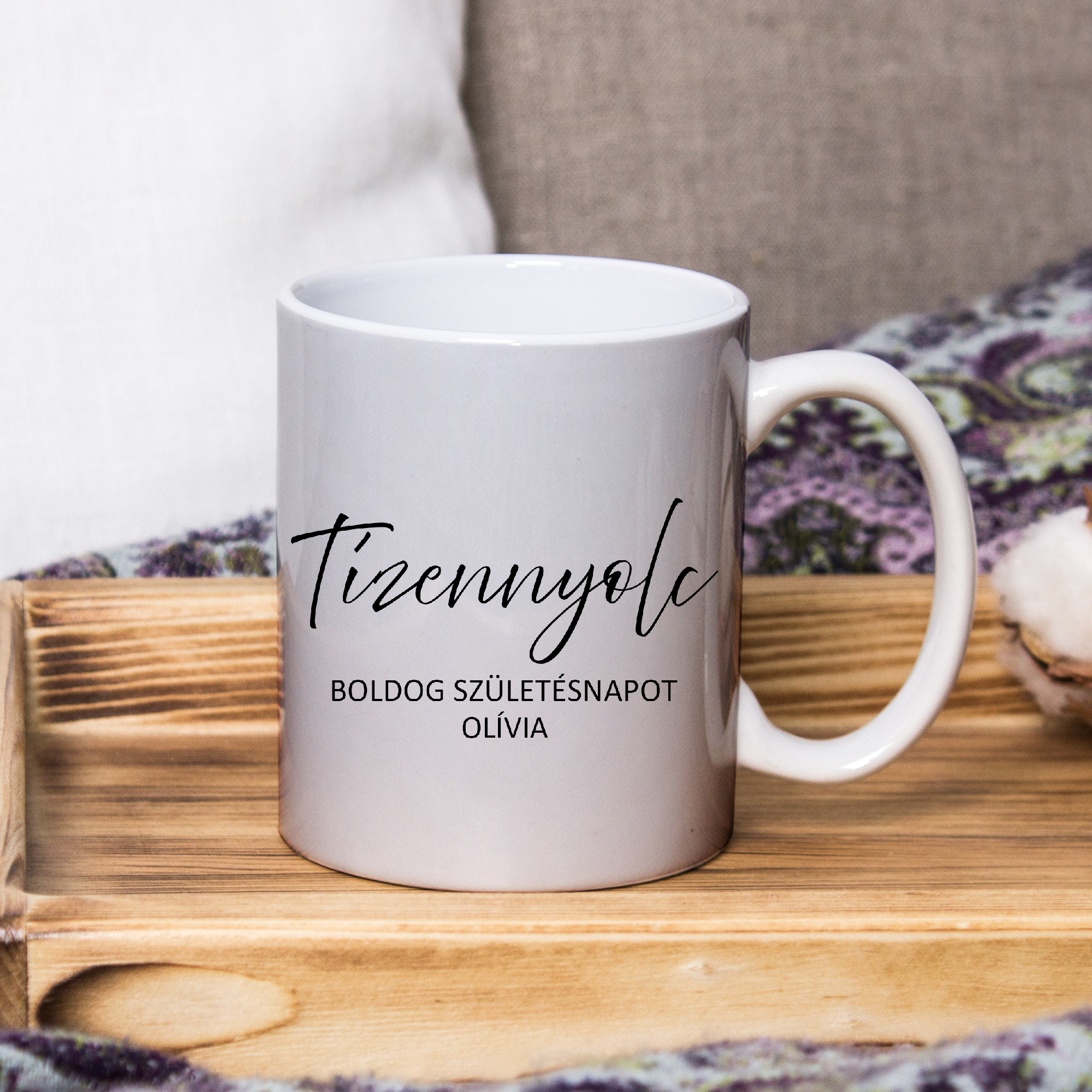White mug on a wooden tray, the Mockup. Cozy home, linen and wool decorations