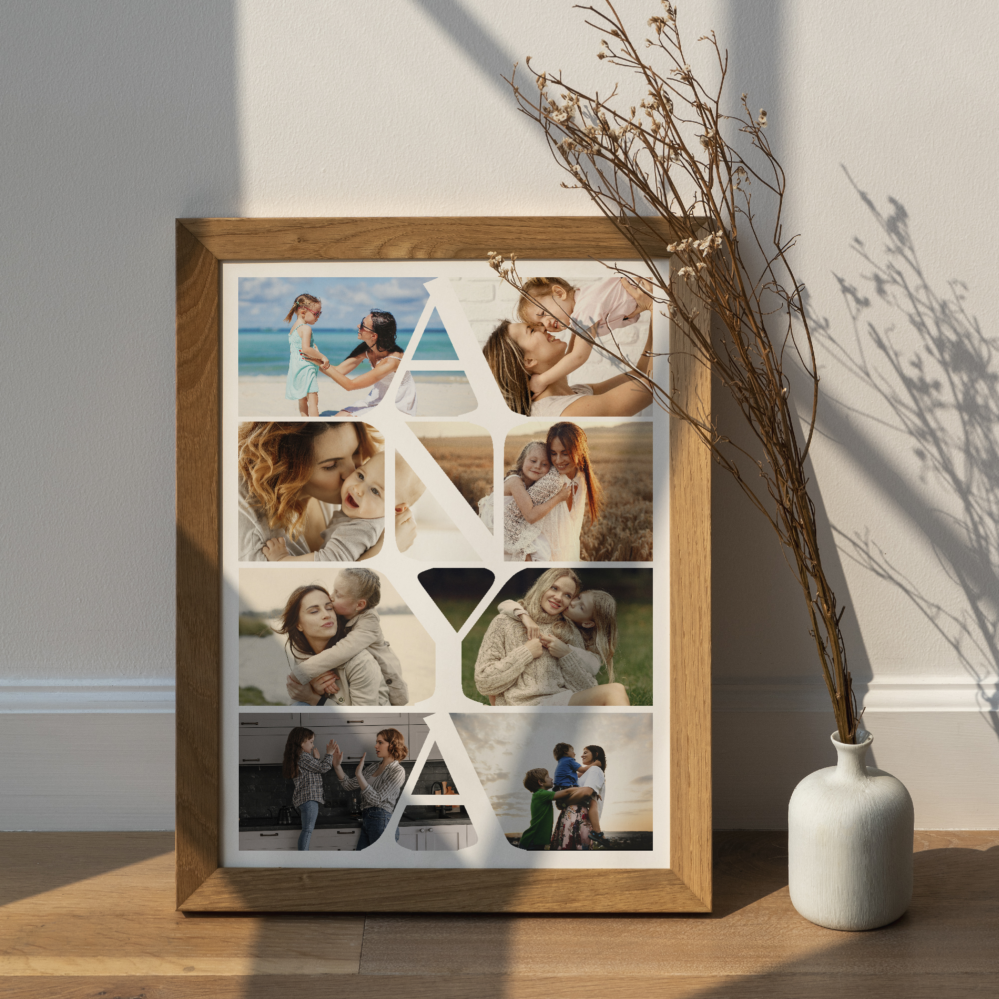 Dried white statice flower in a white vase by a wooden frame  mo