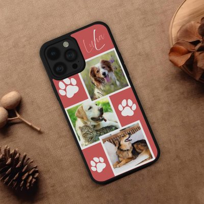 Kisállat neves telefontok, 3 fényképpel, rózsaszín háttérrel