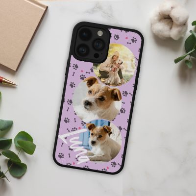 Kisállat neves telefontok, 3 fényképpel, pasztell lila háttérrel