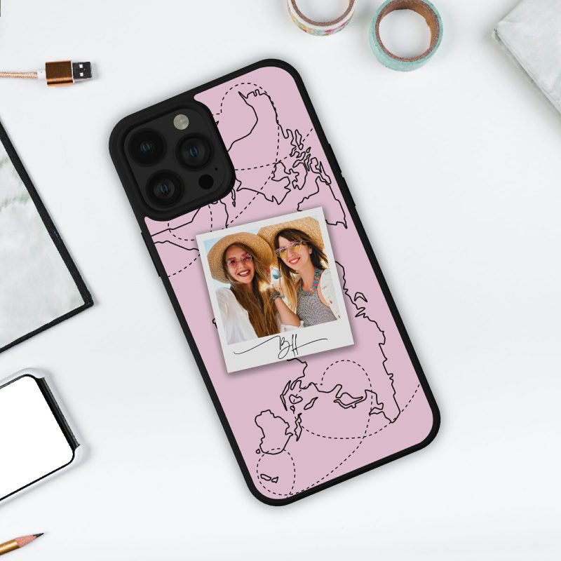 BFF world map telefontok, fényképpel, pasztell pink háttérrel