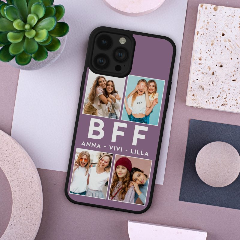 BFF feliratos telefontok, 4 képpel, nevekkel, pasztell lila háttérrel