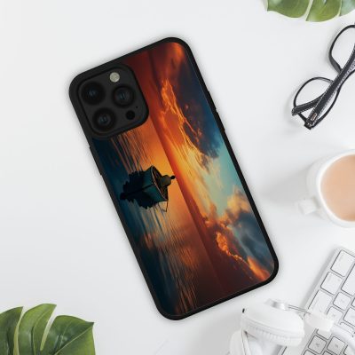 Horgász a tó vizén, naplementében telefontok