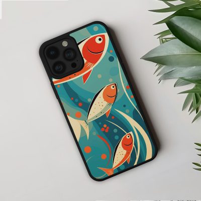 Horgász telefontok, mosolygó rajzolt halakkal