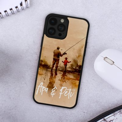 Apa és fia horgász telefontok, nevekkel, bézs színvilággal