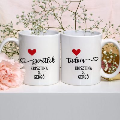Szeretlek, tudom páros bögre, nevekkel