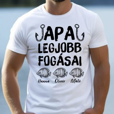 Apa legjobb fogásai póló, rajzolt halakkal, nevekkel