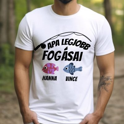Apa legjobb fogásai póló, színes halakkal, nevekkel