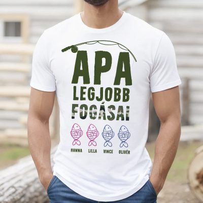 Apa legjobb fogásai póló, vonalrajzos halakkal, nevekkel