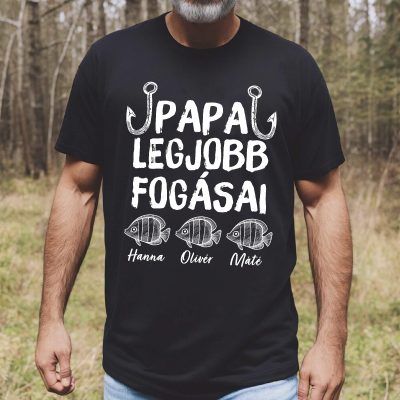 Papa legjobb fogásai póló, rajzolt halakkal, nevekkel