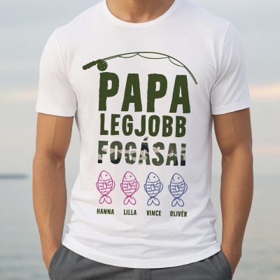 Papa legjobb fogásai póló, vonalrajzos halakkal, nevekkel