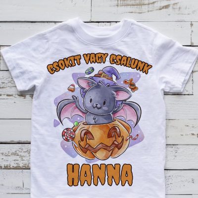 Csokit vagy csalunk denevéres gyerek póló névvel