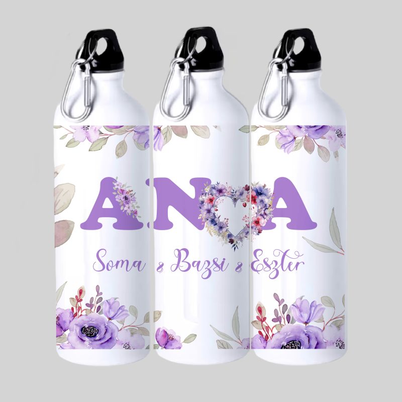 Anyás kulacs orgona színű virágokkal, nevekkel