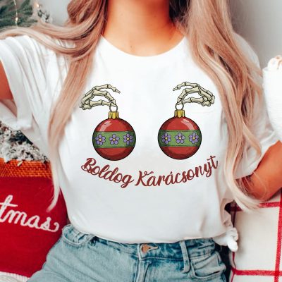 Boldog karácsonyt, gömbdíszes póló vagy pulcsi